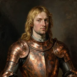 rugged saoirse ronan, blonde hair, wearing copper armour, portrait, oil painting by titian, masterpiece, hard focus