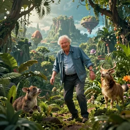 beautiful picture of Sir David Attenborough frolicking on an beautiful alien planet with lush tropical jungle vegetation and happy animals, highly detailed, ultrarealistic, 8k, cinematic lighting, wide shot