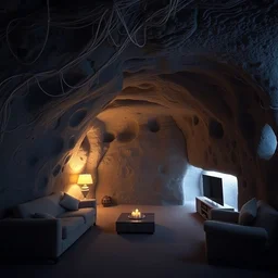an underground living room, cave walls, fluorescent lighting, underground, windowless