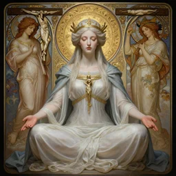 a full body portrait of a beautiful ethereal delicate byzantine mage queen meditative sacral pose catholic stages of the cross, intricate, elegant, highly detailed, digital painting, artstation, concept art, smooth, sharp focus, illustration, art by krenz cushart and artem demura and alphonse mucha