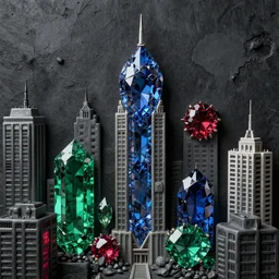 a gritty cityscape made of sapphires, emeralds, and rubies, matte art, 4k