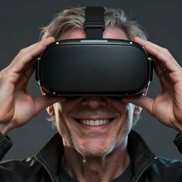 Portrait of a man by Greg Rutkowski, symmetrical face, an old man using a VR Headset covering his eyes, Kubric Stare, crooked and uncanny smile smile, highly detailed portrait, scifi, digital painting, artstation, book cover, cyberpunk, concept art, smooth, sharp foccus ilustration, Artstation HQ