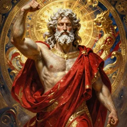 painted portrait of rugged zeus greek god by greg rutkowski craig mullins artgerm alphonse mucha red and gold, white hair handsome muscular mature flowing robe [ ancient greek motifs ] background fantasy intricate elegant detailed digital painting concept art artstation sharp focus illustration