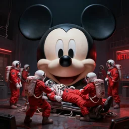 a team of astronauts dressed in red, performing a post - mortem on a giant decapitated mickey mouse head at netflix studios, digital painting, dark, morbid high resolution, trending on artstation