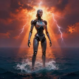 aerial painting of a giant bionic female, standing in the middle of the ocean, the sky is on fire. neill blomkamp cinematography, atmospheric lightning, godray, concept art, trending artstation, 8 k high de