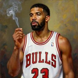 drake wearing a chicago bulls jersey and smoking by leonardo da vinci, brown skin, classical painting, digital painting, romantic, vivid color, oil painting