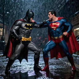 photo of batman punching superman on a rainy night, dramatic lighting, epic