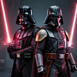darth vader and boba fett standing proudly shoulder to shoulder, no one holds a lightsaber or gun ultra realistic, lens flare, atmosphere, glow, detailed, intricate, full of colour, cinematic lighting, trending on artstation, 4 k, hyperrealistic, focused, extreme details, unreal engine 5, cinematic, masterpiece, ultra realistic, hyper realistic, highly detailed, sharp focus, digital art