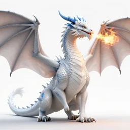 a large, white dragon with blue accents, long neck, body is covered in scales, enormous wings, a long tail, regal, regal appearance, breathing fire, highly detailed, photorealistic full portrait, bright studio setting, dramatic lighting, crisp quality and light reflections, unreal engine 5 quality render