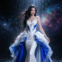 hoyeon jung in a white and royal blue luxurious cyberpunk dress submerged in rgb rain falling from cosmic clouds in interstellar deep space atmosphere, cinematic, ultra detailed, majestic, seductive, by wlop, android james, ruan jia, martine johanna