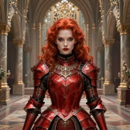 redhead queen knight in red armor, inside grand hall in castle with rococo aesthetic, beautiful face, intimidating, high fantasy, intricate detail, digital painting, artstation, concept art, smooth, sharp focus, illustration, art by yoshitaka amano and monia merlo and wlop, masterpiece.