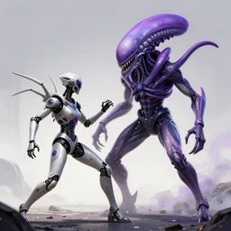 futuristic robot suit fighting a giant purple alien
