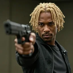 stock image movie still of a man with short blonde dreadlocks, pointing a gun directly at the camera, canon eos 8 k