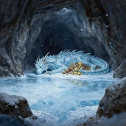 A highly detailed oil painting in the style of Greg Rutkowski and Afremov of a very deep, very very dark cave with a huge frozen lake in the middle of it and an Ancient Ice dragon sleeping near a very big treasure pile, in the middle of a blizzard.