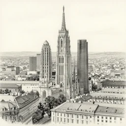 Pencil drawing, Vienna skyline, octane render, highly detailed