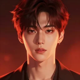 jungkook jeon as a vampire. semi realism, anime realism, korean symmetrical face, slim face, appealing, big eyes, slightly larger nose, photorealism, korean, korean uhd, amazing depth, glowing, golden ratio, sakimichan, greg rutowski, volumetric lighting, cinematic lighting, red orange lighting, artstation concept art