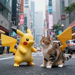 hyperrealistic pokemon fighting a cat in the streets of dystopian tokio cinematic lighting 8k wide angle shallow depth of field