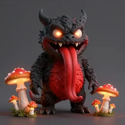 a red and black monster with a really long tongue, glowing mushrooms
