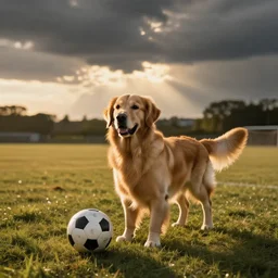 a photo of a golden retriever on a soccer field, golden hour, dramatic