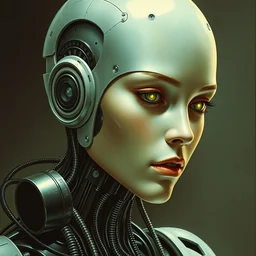 a female with robotic interior, cyborg, by clyde caldwell, james c. christensen, h. r. giger, george tooker