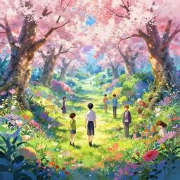 spiritual journey through the garden of eden, colorful, vibrant, sakura season dynamic lighting, landscape, artwork by jeremy lipkin and giuseppe dangelico pino and michael garmash and rob rey and greg manchess and huang guangjian and makoto shinkai, pixiv, 1 0 0 mm
