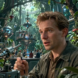closup of an inspired soviet scientist face making research at futuristic soviet scientific lab in amazonian jungle tree tops communist agitprop by ross tran, thierry doizon, craig mullins, ilya kuvshinov, artgerm, edward hopper, dan mumford, wlop, rutkovsky, carl spitzweg, moebius, unreal engine 5, lumen, nanite