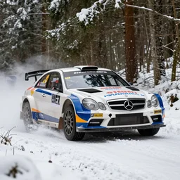 a 2 0 1 0 mercedes - benz e 6 3 amg, racing through a rally stage in a snowy forest