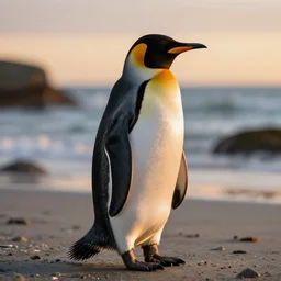 realistic penguin at the beach during sunset. high details