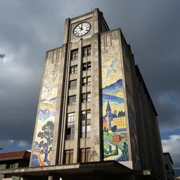 a tall building with a clock on the side of it, a mosaic by Hugo Sánchez Bonilla, cg society, quito school, fresco, art deco, 1970s