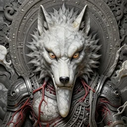 a human with wolf head, naraka buddhist demon japan, thailand art, tubular creature, blood vesels, dystopian surrealism, artstyle alex ries zdzisław beksinski, symmetry accurate features, very intricate details, high resolution, 4 k, symmetrical long head, smooth marble surfaces, detailed ink illustration, metal gear, cinematic smooth stone, deep aesthetic, concept art, post process, carved marble texture silk cloth