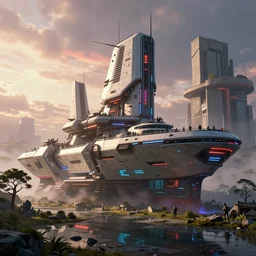 render of huge futuristic warship boat, by Ian McQue, Rutkowski, lee madgwick and hubert robert, concrete building by le corbusier on the background, puddles of water, trees and bushes, blade runner style, neon glow, vivid color, moody lighting, unreal engine, bright sunrise, epic skies, foggy