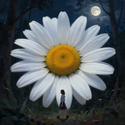 giant white daisy flower head, girl walking in dark forest, surreal photography, dark night, stars, moon light, impressionist painting, clouds, digital painting, artstation, simon stalenhag