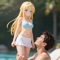 tiny father a tall daughter picture : a very beautiful young blond anime girl, sky blue eyes, bikini, white miniskirt, highly detailed, cinematic wallpaper by stanley artgerm lau
