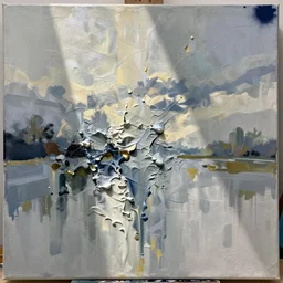 canvas with raises paint textures, splash of paint down center, abstract, acrylic, applied thick, paint smeared with palette knife, blotch of spray paint in corner