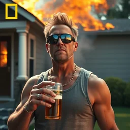 real duke nukem wearing a tank top, reflective sunglasses, drinking beer, unfazed by his house being on fire, high quality, very detailed, a beautiful photo, national geographic quality