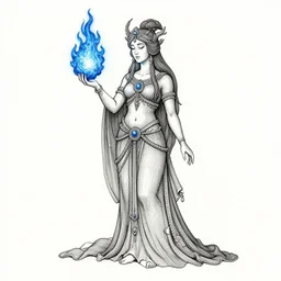 high intricate colored ink drawing of ancient goddess holding a glimmering blue - fire - galaxy, full shot, neil gaiman, maria panfilova, andrea savchenko, mike kime, ludovic plouffe, qi sheng luo, oliver cook, julian calle, eddie mendoza, trending on artstation