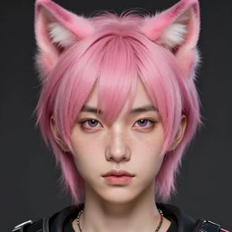 character concept art of a cyberpunk boy with pink hair and pink wolf ears and freckles | | cute - fine - face, pretty face, key visual, realistic shaded perfect face, fine details by stanley artgerm lau, wlop, rossdraws, james jean, andrei riabovitchev, marc simonetti, and sakimichan, trending on artstation