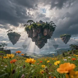 whimsical floating islands, storm clouds, god rays, flowers close up in foreground, max rive, 4 k, instagram, landscape, hdr