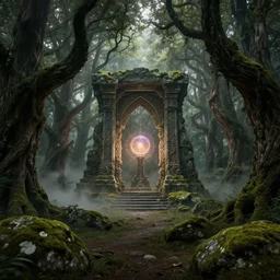dark fantasy forest scene, fangorn forest, scattered rocks covered in moss and mist on ground, trees twisting and intertwining with dead branches, magnificent alter in center with large stone structures and intricate carvings and magic orb glowing, volumetric lighting, cinematic, full hd, ultra detailed, photo - real, 8 k render, post processing, peter jackson, lord of the rings
