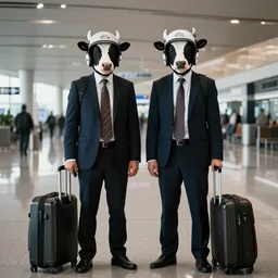 two business men with dairy cow mask helmet standing on two feet at the airport trending flickr noir detailed portrait