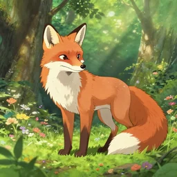 a beautiful fox in the forest covered in flowers, sunlight beaming down, studio ghibli style, soft fur, two pointed ears, long tail, high octane filter, beautiful lighting, wildlife, feral, detailed anime artwork