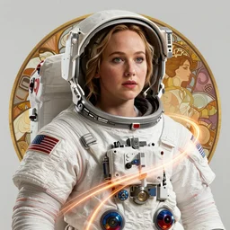 jennifer lawrence on mars, astronaut space suit, path traced, octane render, highly detailed, high quality, digital portrait by artgerm, hd, alphonse mucha, tom bagshaw