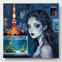acrylic painting of a bizarre nightmare woman in front of an aquarium in tokyo, mixed media collage by basquiat and jackson pollock, maximalist magazine collage art, retro psychedelic illustration, 1 9 8 0 s
