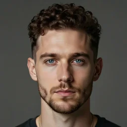 a centered photo of a white man. oval shaped face, blue eyes, brown stubble, dark brown short curly hair with shaved sides