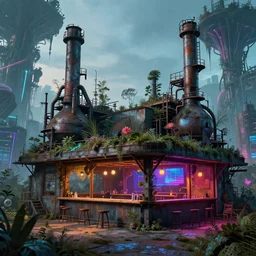 a beautiful photorealistic illustration of industrial architecture unfinished building tavern architecture city by lee madgwick, at dusk synthwave reclaimed by nature extraterrestial forest laser retro thermal vision evil scumm bar retrowave, archdaily, wallpaper, highly detailed, trending on artstation.