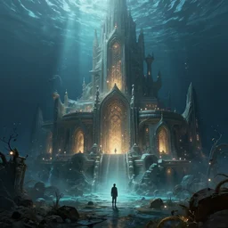 atlantide, the lost underwater city, intricate, elegant, glowing lights, highly detailed, digital painting, artstation, concept art, smooth, sharp focus, illustration, loneliness, great space, greg rutkowski, 8 k, very high resolution, astrophotography, processing, extremely hyperdetailed