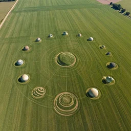 4k high alitude photo of crop circles found in a field forming a pattern like the planets in our solar system