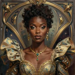 portrait of a stunningly beautiful african, glamour model, wearing an exquisite gown, greg manchess painting by sargent and leyendecker, studio ghibli fantasy close - up shot asymmetrical intricate elegant matte painting illustration hearthstone, by greg rutkowski by greg tocchini by james gilleard
