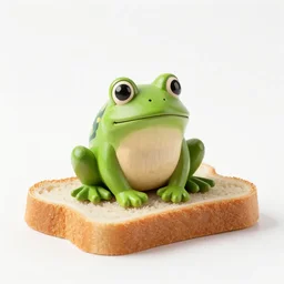 A wooden statuette of a frog on a piece of bread. solid Background.