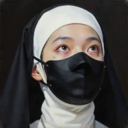 hyperrealism oil painting, close - up face portrait from up, nun fashion model looking up, black factory mask, complete darkness background, small tattoo near eye, in style of classicism mixed with 8 0 s sci - fi japanese books art